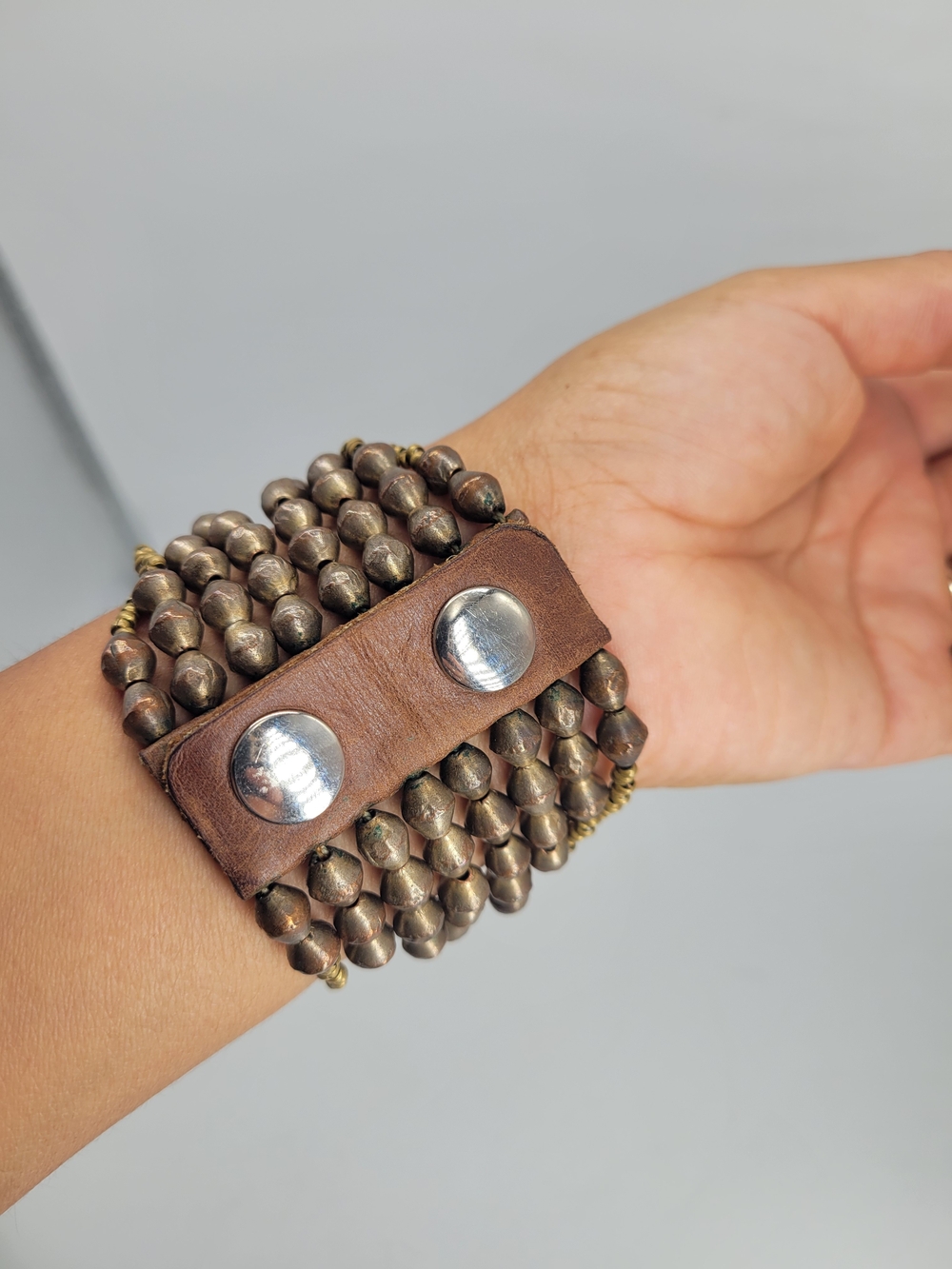 Vintage Yik Fung Artillery Style Bead Leather Cuff Snap Bracelet